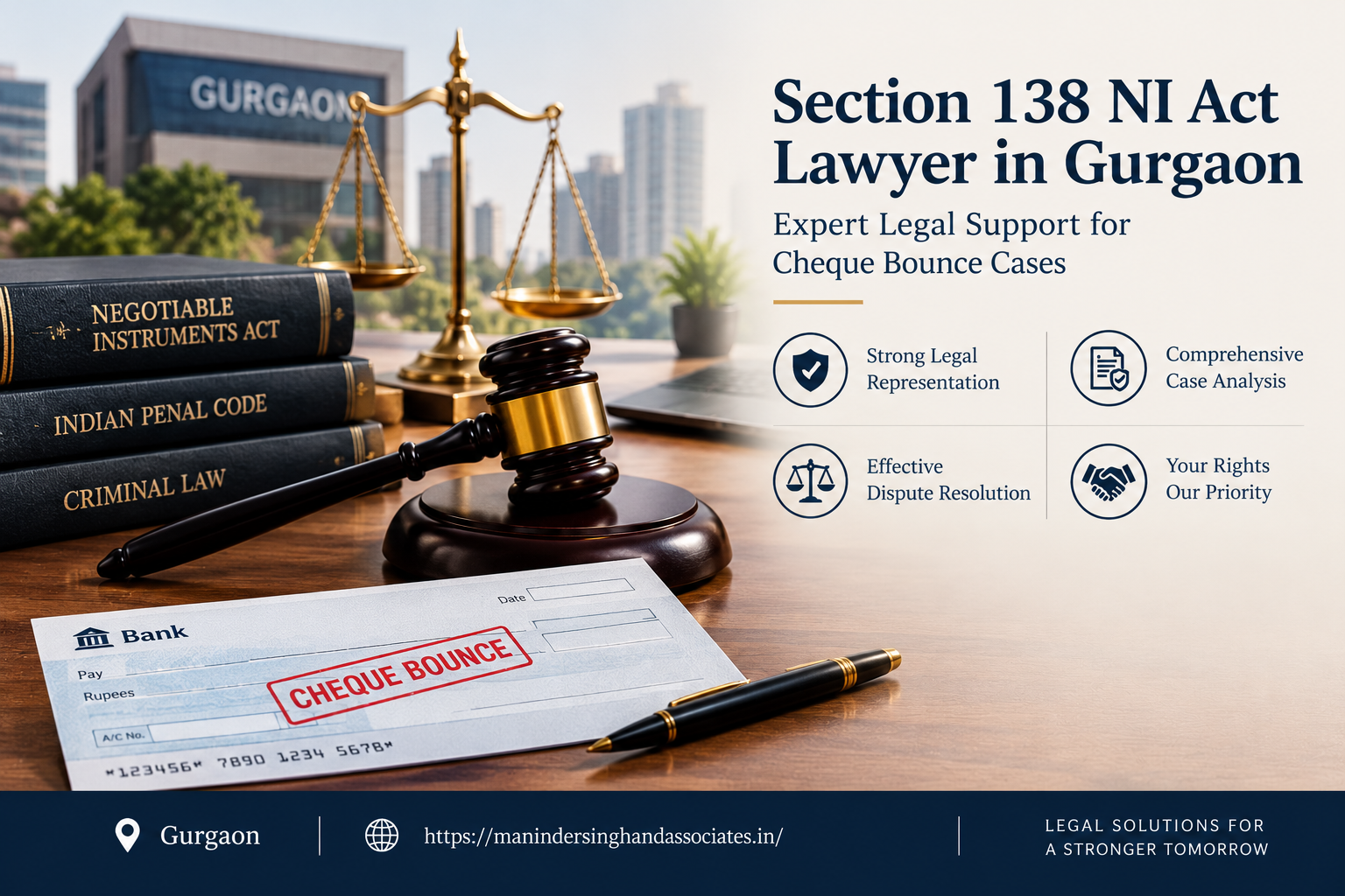 Section 138 NI Act Lawyer in Gurgaon, with a cheque, bank return memo, legal documents and a gavel representing cheque dishonour proceedings under Indian law.